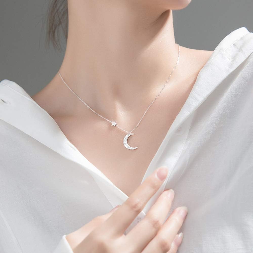 Kokoma Crystal Crescent Moon Pendant Necklace Sterling Silver S925 Dainty Cubic Zirconia Diamond Star Charm Adjustable Chain Necklaces Chokers Delicate Jewelry Gifts for Women - Image 2