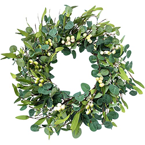 Weldomcor Couronne Eucalyptus Artificielle Verte, Couronnes Décoratives pour Porte D'entrée 50 cm Guirlande de Fleurs Artificielles avec Baies pour Mur fenêtre Festival Ferme décoration de Jardin