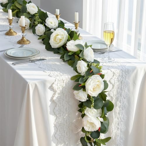 Lewondr 6FT Artificial Eucalyptus Garland with Flowers, White Peony, 1pcs