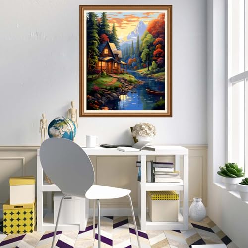 Image of Disnesart Cross Stitch Stamped Full Embroidery Kits DIY 11CT Cotton Thread Printed DIY Needlepoint Kits Craft Needlework Set Cross-Stitch Stamped Sets- Night View Home 16x20 inch