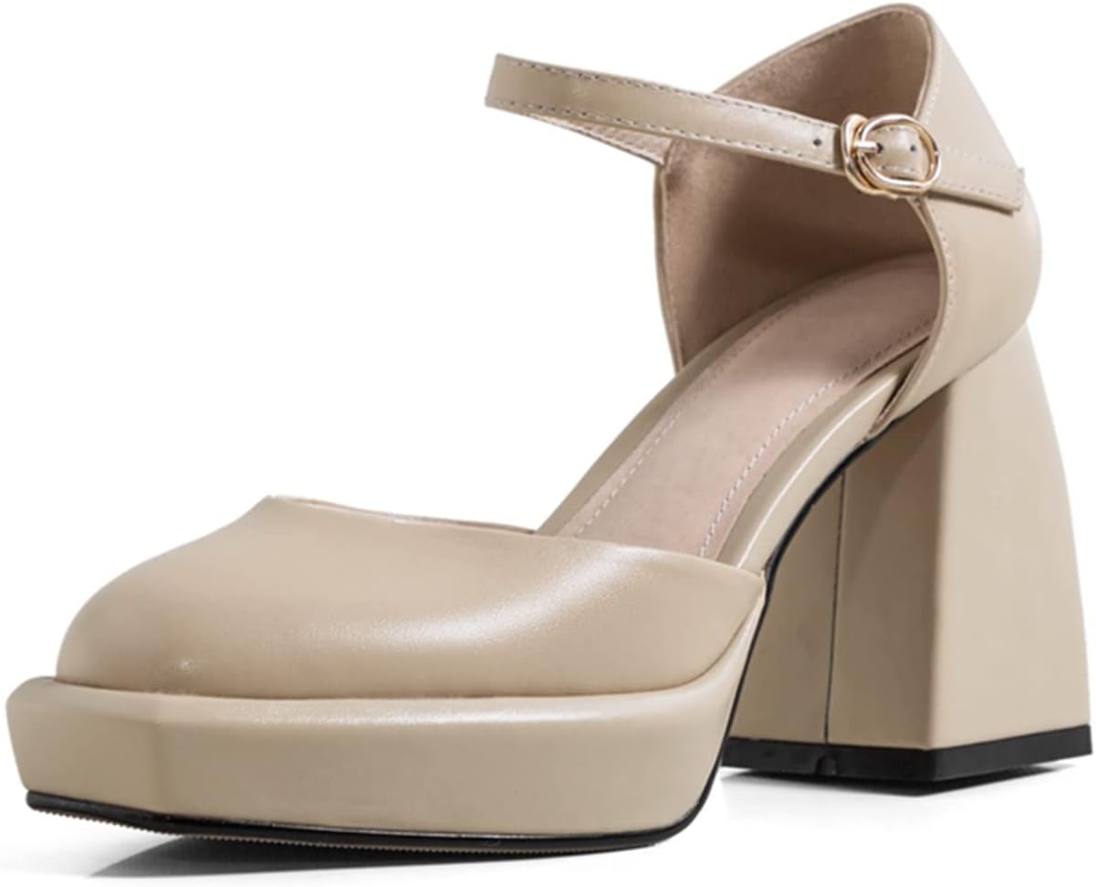AOCATEAOCATE Womens heels closed toe Heels Shoes Women LeatherToe Buckle Pumps Thick Heel Laddies Footwear Spring White (Size : 38)