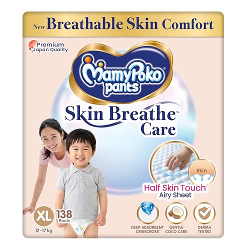 Image of MamyPoko Pants Skin Breathe Care | Baby Diapers Extra Large Size (XL) | 138 Count | 12-17Kgs | Half Skin Touch Airy Sheet | 3X Breathable | Derma Tested