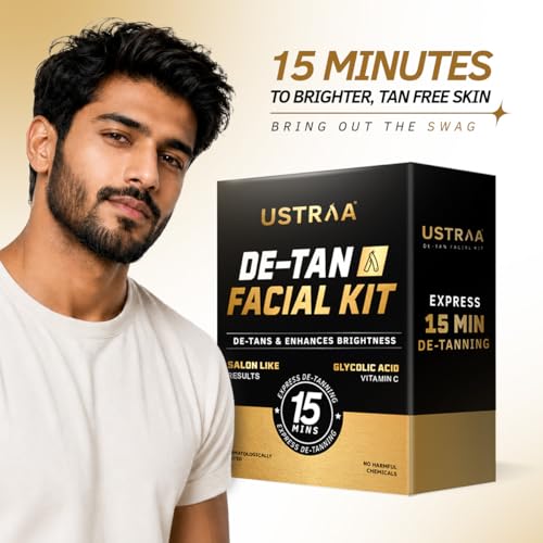 Image of Ustraa De-Tan Facial Kit for Men - 40g | 15 Min Express De-Tanning Facial | Brightens Skin & Removes Tan | Glycolic Acid, Vitamin C & Activated Charcoal | Salon-Like Glow at Home