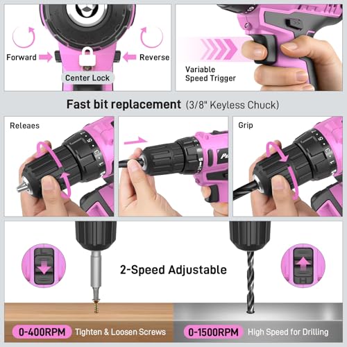 PULITUO Power Drill Tool Kit with 20V Cordless Drill/Driver, Electric Screwdriver, 2 Batteries & Charger, LED Light, 199-Piece Pink Home DIY Tool Set with Toolbox, Drill Set for Women & Men (Pink) - image 5