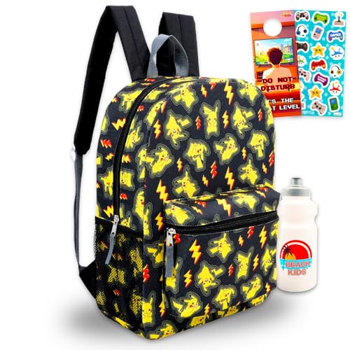 Conjunto de mochila Pokemon para meninos – Pacote com mochila Pikachu de 40,6 cm, garrafa de água, adesivos, mais | Bolsa escolar Pokemon Pikachu para crianças