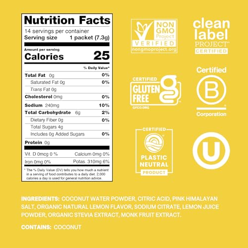 Image of Cure Hydration | Plant-Based Electrolyte Drink Mix | No Added Sugar | FSA-HSA | Dehydration Relief Powder Made with Coconut Water | Non-GMO | Vegan | Pouch of 14 Packets - Lemonade
