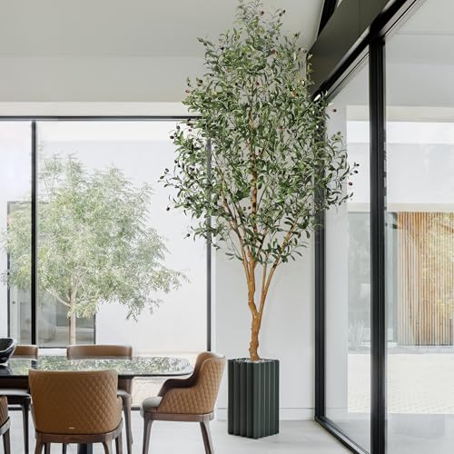 Olive Trees Artificial Indoor, 8ft Tall Artificial Olive Plants - Tall Faux Olive Tree with Planter, Fake Topiary Silk Tree with Natural Wood Trunk and Lifelike Fruits for Home Office Decor 1Pack