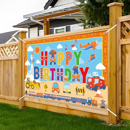 Image of Orange Blue Birthday Party Decorations Backdrop Banner 5x3Ft Vehicle Themed Happy Birthday Decorations Banner Background Photo Booth Props for English Teacher Party Supplies