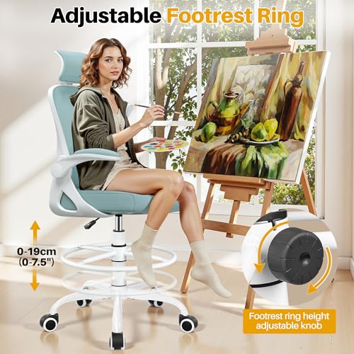 Image of Drafting Chair, Tall Office Chair for Standing Desk, Ergonomic High Back with Headrest, Lumbar Support, Foot Ring and Flip-up Armrests, Light Blue
