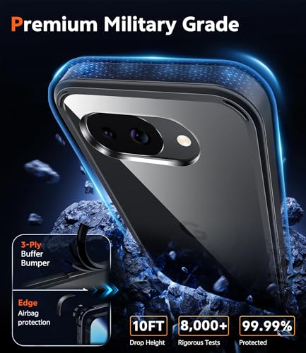 Image of FNTCASE for Google Pixel 10a Case: Military Grade Drop Protection with Screen Protector Anti Yellowing Cell Phone Cover - Rugged Shockproof Protective Bumper Transparent Cases(D-Black)