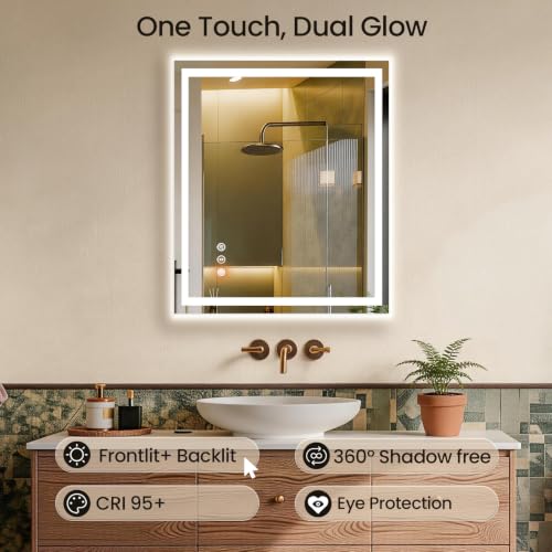 Image of 30x36 LED Bathroom Mirror with Anti-Fog, Backlit & Front Lights, Memory | Dimmable 3 Color CRI 95+ Shatterproof Tempered Glass ETL Listed for Safety Lighted Bathroom Vanity Mirror for Wall