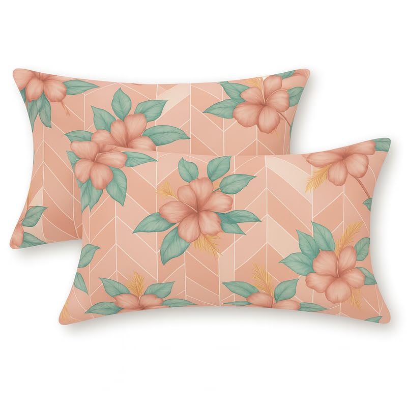 Image of Fitted sheet Peach Floral Chevron Print Fitted Bedsheet | Glace Cotton 140 TC | Double Size (48x75 inch) with 2 Pillow Covers (18x28 inch) | Deep Pocket up to 10 Inches - Soft & Comfortable