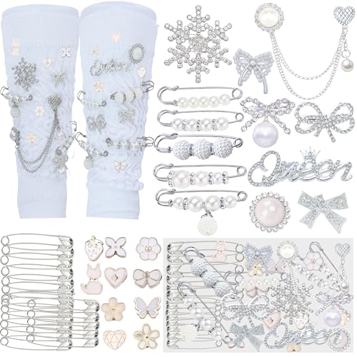 Rozecollin 52Pcs Silver Shoe Charms for Sneakers Silver Junk Socks Charms Kit Pearl and Rhinestone Sock Charm with Safety Pins DIY Accessories for Decorating and Personalizing Socks Shoes Hats