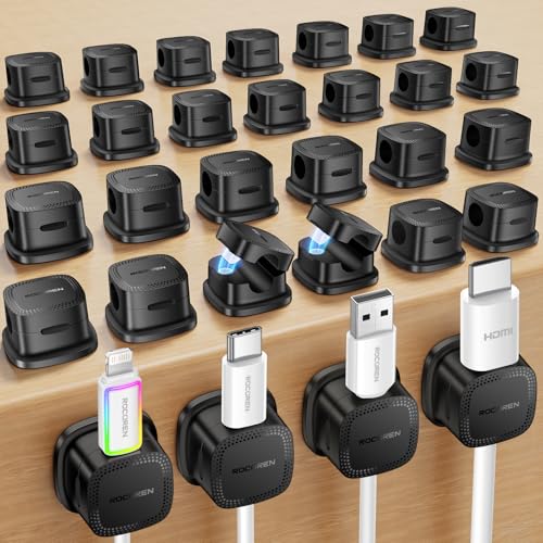 30-Pack Magnetic Cable Clips Cord Organizer,Cable Straps Smooth Adjustable,Rocoren Cable Management Accessories,Cable Holder Clips Wire Holder Keeper for Desktop,Nightstand,Home Office,Workspace,Phone