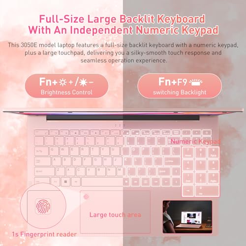 Image of Auusda 15.6 inch FHD Laptop for Work, Student and Entertainment, 16GB Dual RAM 512GB SSD, Full Function USB Type C /HDMI /Backlit Keyboard /Fingerprint /USB 3.0, Win 11 Pro, Dual Core 4T Processor, Pink