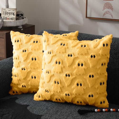 DFXSZ Halloween Pillow Covers 20x20 inch 2Pcs Yellow Ghost Halloween Decor