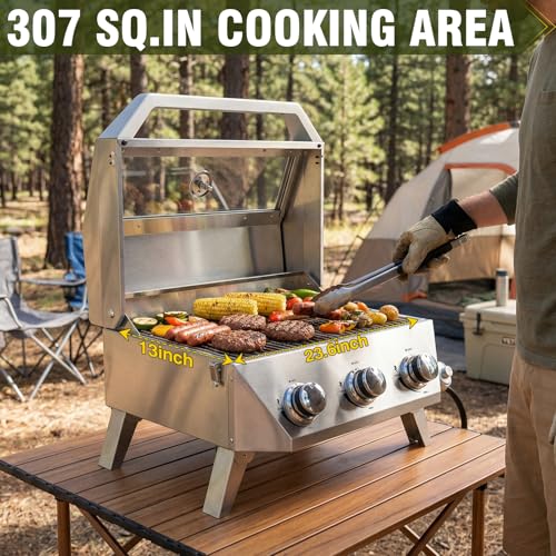Image of BESTFIRE Portable Propane Grill, 3-Burner Tabletop Gas Grill with 2-in-1 Connection for 1lb /20lb Tanks, 30,000 BTU Stainless Steel BBQ with Observation Window & Thermometer for Outdoor, Tailgating
