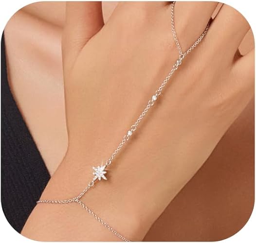 Gold Bracelets for Women 14K Gold Plated Hand Chain Bracelet Dainty Trendy Ring Chain Bracelet Charm Link Adjustable Cubic Zirconia Hand Bracelets Jewelry Gifts for Women