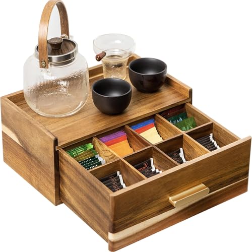 Tea Organizer And Storage Box Acacia Wood Bag Holder With 8 Compartments Caddy Drawer Wooden Sugar Packet Holder Countertop Station