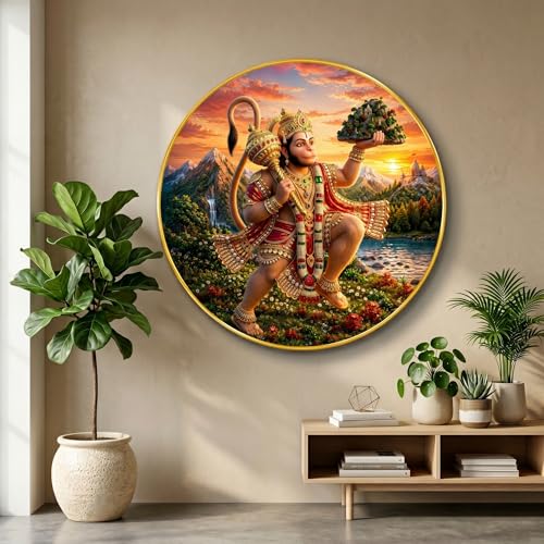 Image of SAF Lord Hanuman Wall Painting with PVC Round Frame | Sparkle Laminated Bajrangbali Carrying Sanjivani Parvat Artwork | Hindu Spiritual Wall Decor for Home Temple Living Room Gift