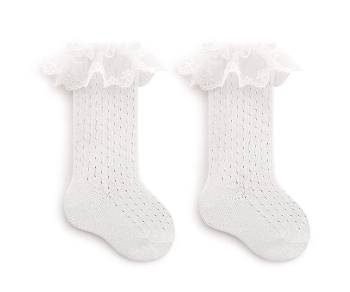 DINGDONG'S CLOSET Baby Kid Girl Summer Ruffle Hollow Out Socks Stockings(White, 3-5T)