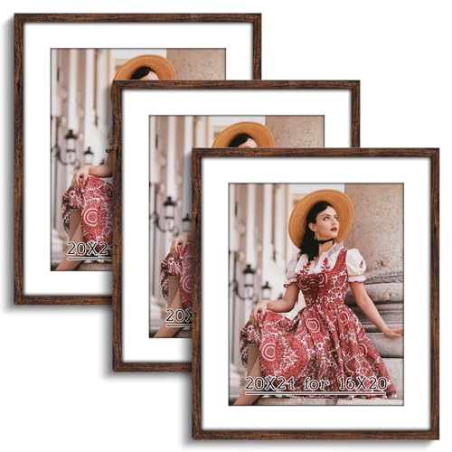 Image of HLiWEGNS Dark Brown 20x24 Frame Set of 3 - Rustic Woodgrain 20 x 24 Poster Frame for Pictures 16x20 with Mat or 20x24 Picture Frame Without mat for Wall Gallery Display - Ideal Christmas Day