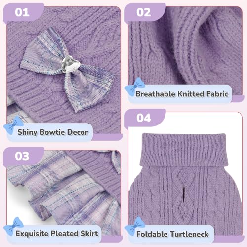 Image of YUDODO Small Dog Sweater Dress with Bowtie Turtleneck Knitted Pet Clothes