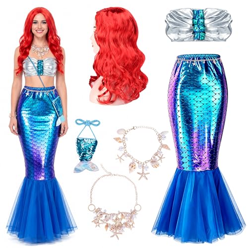 Wehhbtye 7 Pcs Halloween Mermaid Costume for Women Adult Mermaid Tube Top Skirt Costume with Curly Wig and Sequin Purse Shell Necklace Bracelet Waist Chain for Halloween Cosplay Dress Up Theme Party