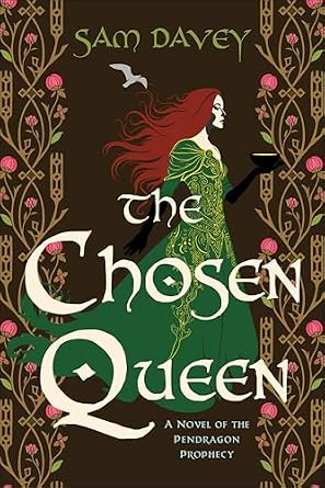 The Chosen Queen by Sam Davey a fantast romance book cover depicting a red headed woman in green dress on a brown background with a white bird flying above her head and intricate rose patters on the sides of the cover.