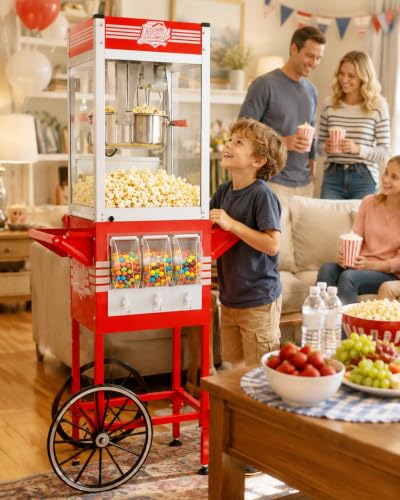 Image of Large Popcorn Machine with Cart: 12 Oz Vintage Commercial Popcorn with Candy Dispenser Makes Up to 48 Cups, 3 Serving Cups, Measuring Cups & a Scoop for Home Party Office, Matte Red