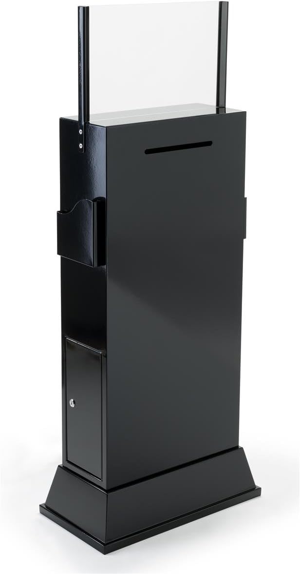 Displays2go Steel Floor-Standing Ballot Box with Acrylic 17 by 11 Inch Sign Frame, Two Brochure Pockets - Black