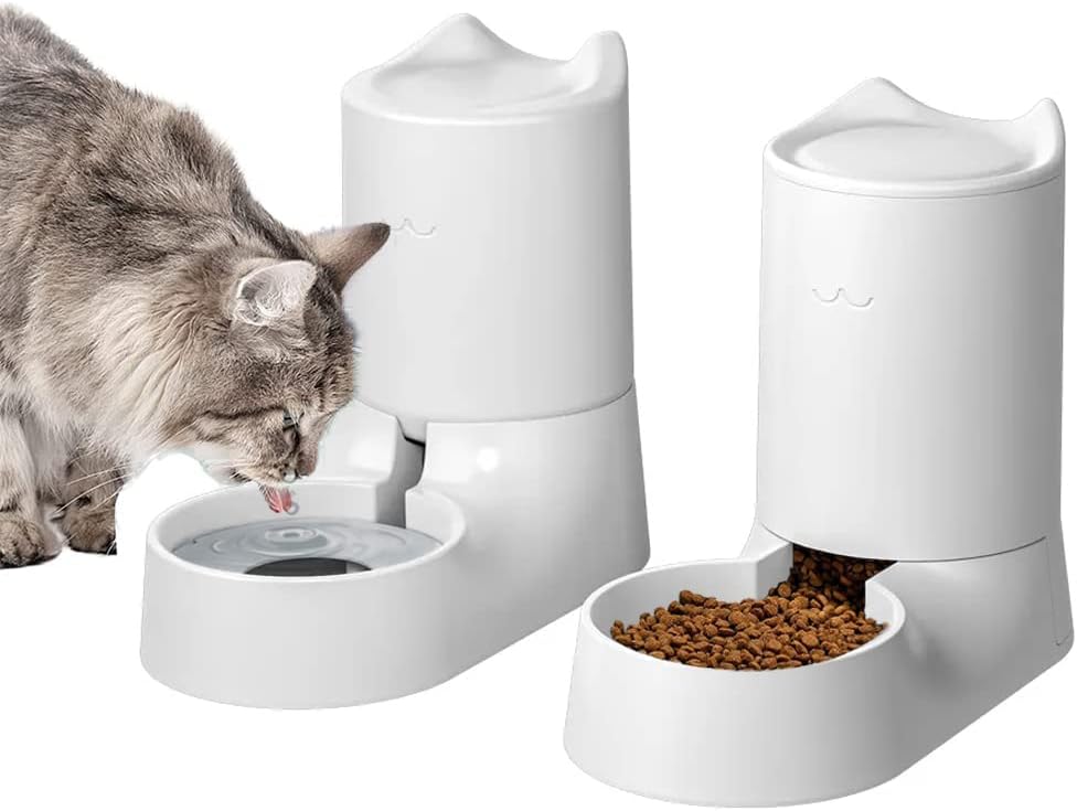TOMVAES 2 Pack Automatic Cat Feeder and Water Dispenser, Food Feeder and Waterer Set, Pet Feeder Set Pet Automatic Water Dispenser and Food Bowl for Middle Small Cats or Dogs
