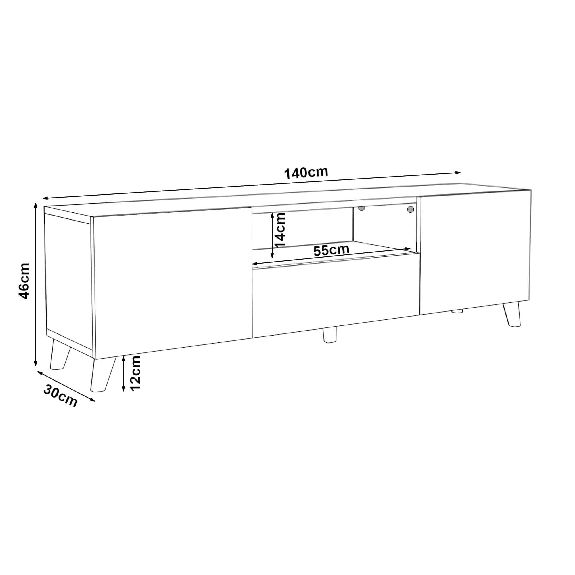 [en.casa] Mobiletto TV Tavolino Porta TV con Scomparti e Ante Mobile Basso Stand TV e Centri Multimediali 46 x 140 x 30 cm - Antracite/Effetto Rovere