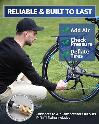 Image of GERCHWAY Presta Valve Air Chuck - Digital Bike Tire Inflator with Pressure Gauge - Schrader to Presta Valve Adapter for Air Compressor