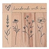 6Pcs Wooden Rubber Stamp Set, Vintage Rubber Stamps for Crafting, Heart, Plant Flowers, Handmade with Love Journal Stamps for Arts & Crafts, Stationary, Scrapbooking, School Projects, Journals