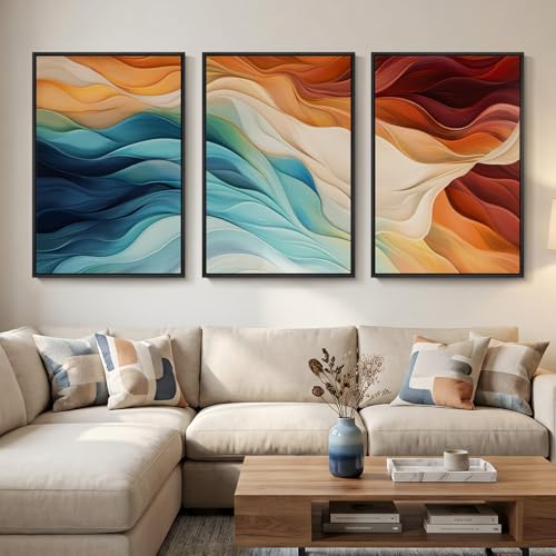 Large Framed Blue Orange Abstract Wall Art for Living Room, Set of 3 Modern Canvas Prints Paintings Artwork for Walls, Minimalist Colorful Bright Pictures for Dining Bedroom Hallway Wall Decor 24x36 In