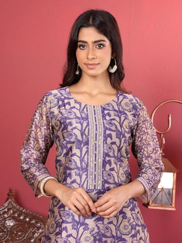 Image of Varanga Women Floral Printed Kurta Pant Set with Dupatta | Silk Blend Fabric | Summer Wear | 3 /4 Sleeve Round Neck | Lightweight & Comfortable Daily Wear