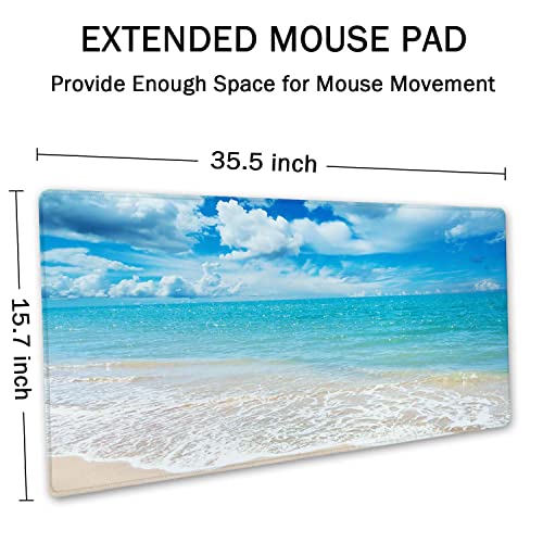 Image of SSOIU Gaming Mouse Pad, Extended Mouse Pad, 35.5x15.7inch XXL Large Big Computer Keyboard Mouse Mat Desk Pad with Non-Slip Base and Stitched Edge for Home Office Gaming Work, Beaches Sunny Day