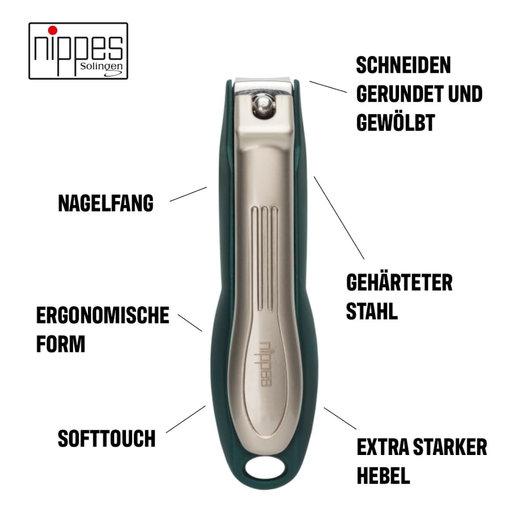 nippes Solingen Premium obcinacz do paznokci z uchwytem | Zielony | Obcinacz do paznokci 60 mm | Hartowana stal | Wygięte ostrza | Ergonomiczna powierzchnia uchwytu Soft-Touch