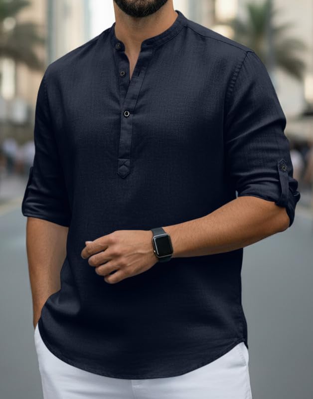 Image of Men Cotton Blend Mandarin Collar Casual Kurta Shirt | Roll-Up Sleeves | Regular Fit Ethnic Short Kurta for Daily