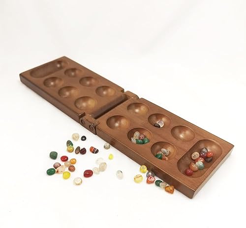 Juego de mesa Mancala de madera - Juego clásico de estrategia de piedra africana con piedras de vidrio de colores - Juego de viaje plegable y juego