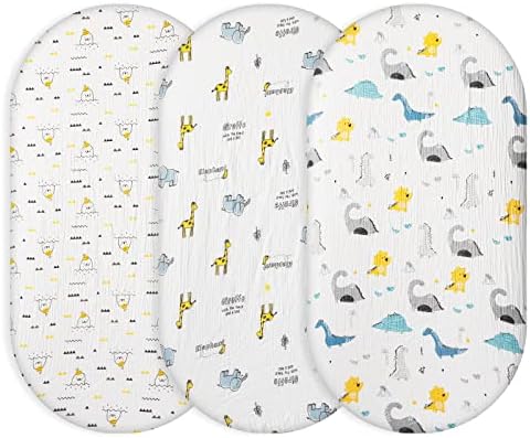 Ultra Soft Muslin Fitted Bassinet Mattress Cover Sheets | 30" x 18", Fit for Halo, Dream on Me, Fisher Price, Delta, Graco, Other Oval Bassinet or Cradle, Neutral Boho Color for Boy and Girl (Animal)