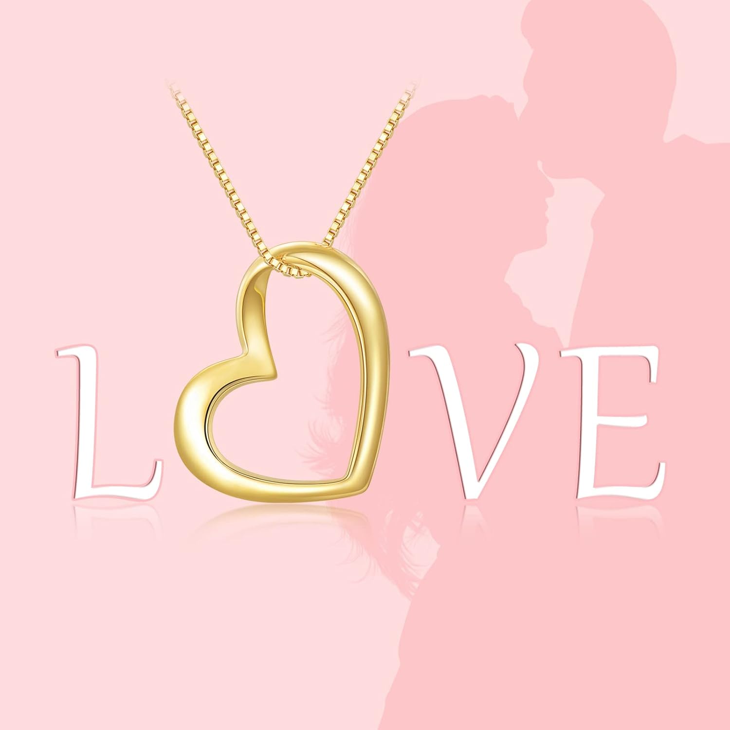 14k Gold Open Heart Necklace for Women, Real Gold Love Pendant and Box Chain Jewelry for Wife, Gifts for Her, 18 Inch