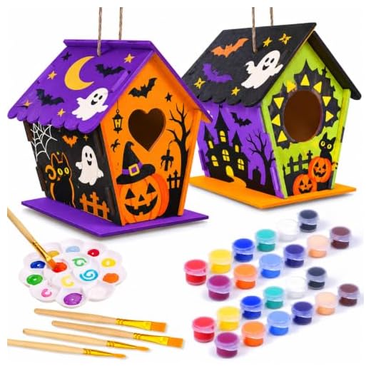 hapray 2 Pack Bird House Kit, DIY Birdhouse Kits, Wooden Crafts Arts for Children to Build and Paint (Includes Paints & Brushes) for Kids Girls Boys Toddlers Halloween Gifts
