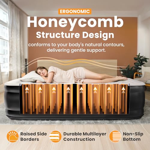 Dr. air Queen Air Mattress with Built-in Pump, 18" Raised Blow Up Mattress, 800 lbs Max Honeycomb Air Bed, 48Hr Leak-Proof Test, 3min Inflatable Mattress for Home, Guests, Camping, Colchones inflables - Image 4