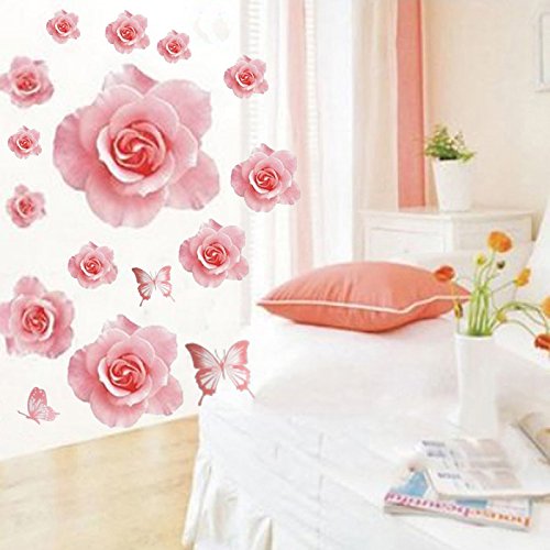 Decorative Stickers, Fashion Wall Sticker 3D Pink Rose Flower Removable Home Decor Decal Vinyl