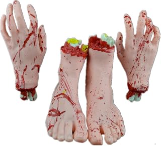 Halloween Decoration Haunted House Scary Fake Bloody Broken Severed Hand Body Prank Party Props (2 Pieces Feet & 2 Pieces Hands) (Skin Color)
