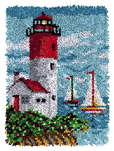 SxLingerie Kit de Crochet de loquet de Phare Kits de Fabrication de Tapis pour Enfants/Adultes Tapis au Crochet Bricolage Artisanat avec Motif de Toile imprimée Tapis Fait Main Non Fini 52x38cm Cover