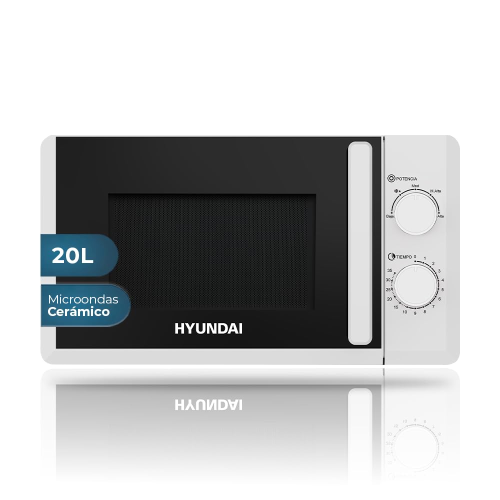 Hyundai Microondas 20 Litros Cerámico Blanco HMC207W00. 700W, 12 Programas, Modo Descongelación, Revestimiento Interior, Fácil Limpieza, Temporizador 35min.
