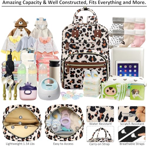 Image of Diaper Bag Backpack Tote for Women Large Capacity, Baby with Insulated Pockets Multifunctional Bags For Girl Boy Waterproof Boys Girls Mama Maternity Travel Leopard